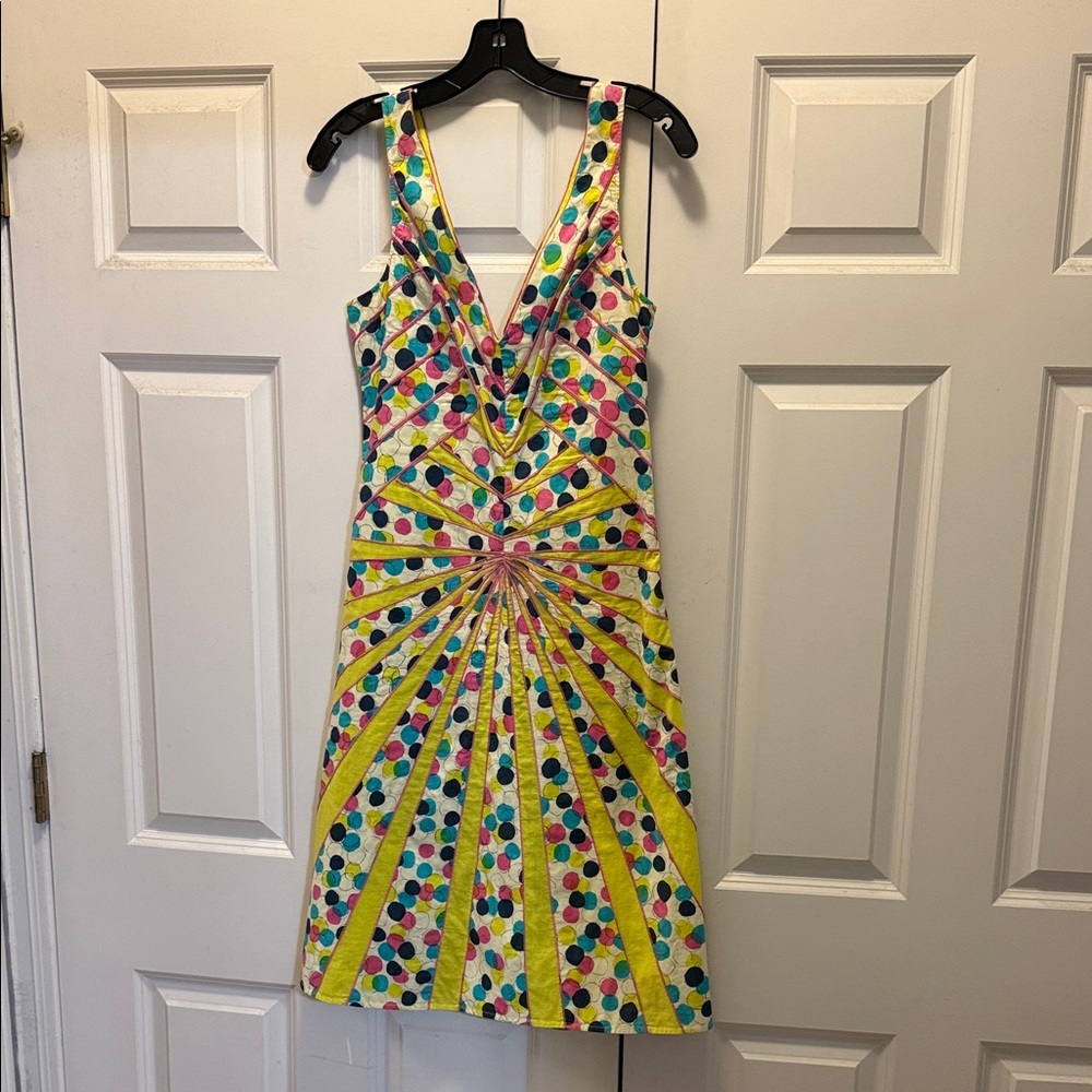 BCBGMaxAzria Yellow Multicolor Polka Dot Sunburst Dress